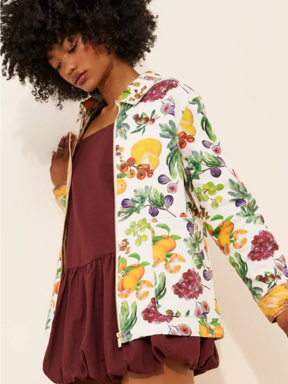 Rachel Antonoff Lizzy Marie the Baguettes White Fruit-Print Cotton Jacket